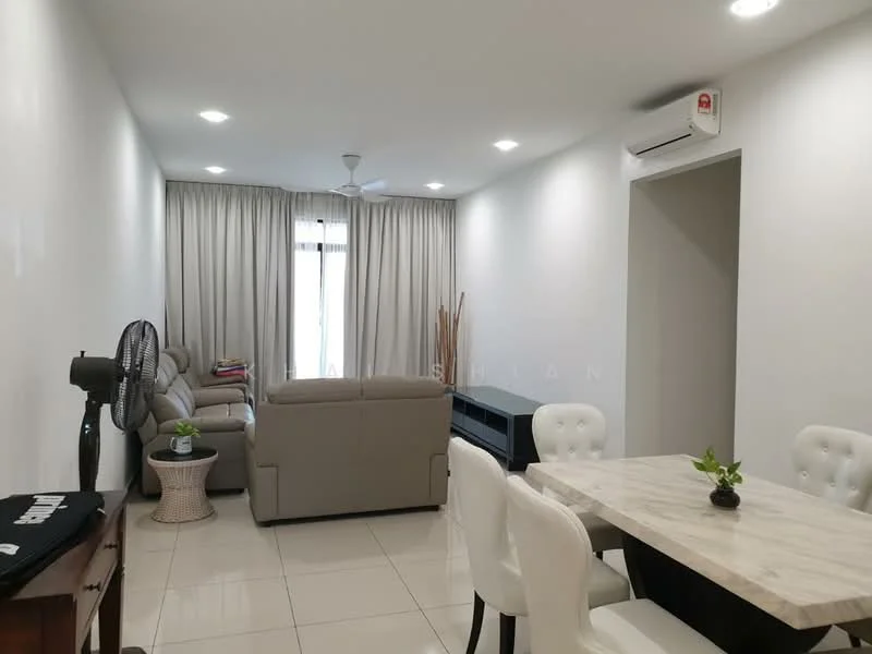 Living features: white painted walls, glossy tile flooring, 5-blade ceiling fan with light, sofa in light grey, floor-to-ceiling windows with sheer curtains, coffee table, TV console, decorative plant on side table, wall-mounted air conditioning unit, area rug; style: modern. Dining features: 6-seater marble-top dining table, upholstered dining chairs in white, decorative plant on table; style: modern.