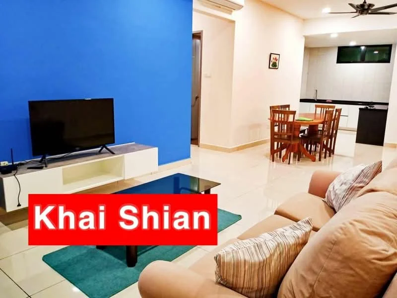 Living features: beige fabric sofa, coffee table, TV console, wall-mounted TV, blue accent wall, cream painted walls, recessed lighting, area rug in green, floor-to-ceiling windows, dining area visible in background; style: modern.
