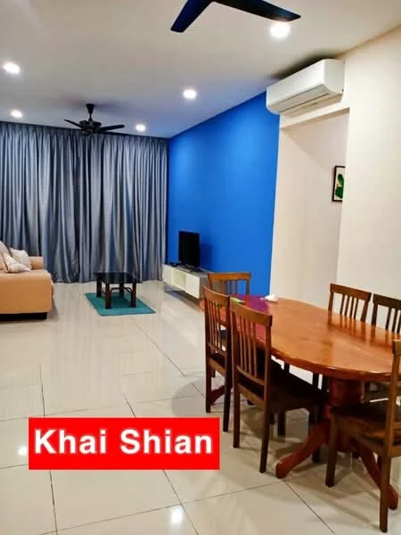 Living features: cream painted walls, blue accent wall, glossy tile flooring, 5-blade ceiling fan with light, recessed LED downlights, sofa in beige, coffee table, TV console, wall-mounted TV, area rug, curtains, dining table with wooden chairs; style: modern.