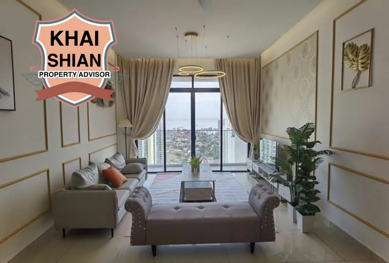 Living features: floor-to-ceiling windows, curtains, sofa with light upholstery, coffee table, decorative wall with gold accents, wall-mounted TV, side table, indoor plant, chandelier, area rug with geometric pattern, light-colored tiled flooring; style: modern; view: city.