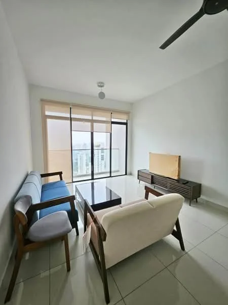 Living features: white painted walls, white ceiling, 5-blade ceiling fan, large floor-to-ceiling windows, roller blinds, light-colored sofa, blue accent chair, wooden coffee table, TV console, tile flooring; style: modern; view: city.