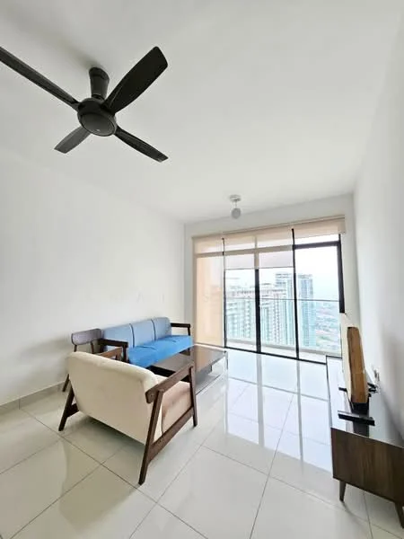 Living features: 3-seater fabric sofa in blue and white, glass coffee table, wooden TV console, floor-to-ceiling windows, city view, white painted walls, white ceiling, ceiling fan with light, tile flooring; style: modern; view: city.