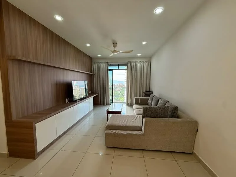 Living features: 3-seater fabric sofa in light grey, 2-seater fabric sofa in light grey, wooden coffee table, wall-mounted TV, white TV console with storage, wood panel accent wall, floor-to-ceiling windows, sheer curtains, recessed downlights, ceiling fan; style: modern; view: city.