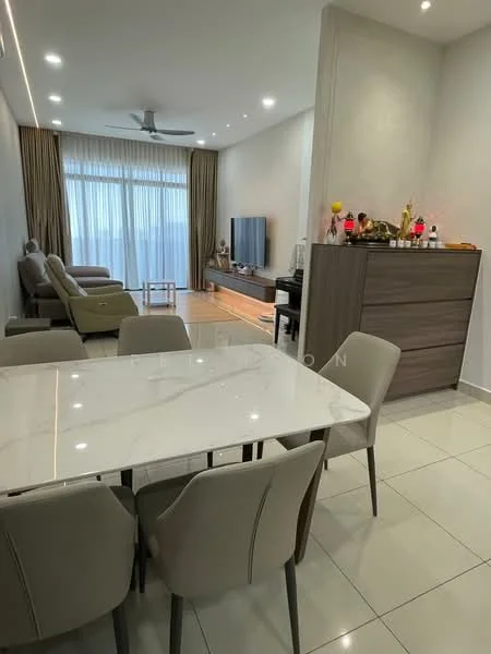 Dining features: marble dining table, 6 upholstered dining chairs, white tiled flooring, recessed downlights, decorative wall with shelf, large window with sheer curtains, open layout to living area; style: modern. Living features: 3-seater fabric sofa, single armchair, wall-mounted TV, light wood TV console, decorative items on console, large window with sheer curtains, recessed downlights, light grey accent wall; style: modern.