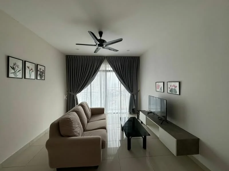 Living features: 3-seater fabric sofa in beige, glass coffee table, wall-mounted TV, TV console, floor-to-ceiling windows, sheer curtains, dark grey curtains, ceiling fan with light, framed artwork on walls, light-colored walls, glossy tile flooring; style: modern; view: city.