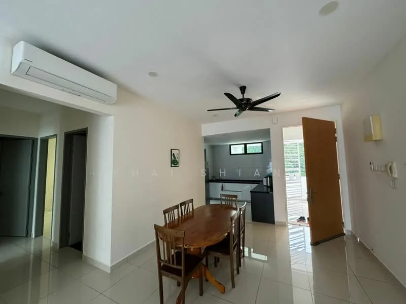Dining features: dining table with four wooden chairs, white painted walls, glossy ceramic tile flooring, 5-blade ceiling fan with light, wall-mounted air conditioning unit, door leading to outdoor area, window with natural light, recessed ceiling lights; style: modern. Room features: grey door, open doorway leading to hallway, light-colored walls.
