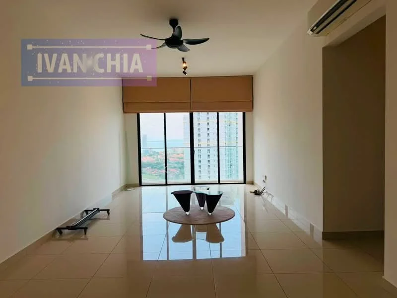 Living features: large floor-to-ceiling windows, city view, white painted walls, glossy ceramic tile flooring, 5-blade ceiling fan with light, roller blinds, recessed downlights, round coffee table, sofa, air conditioning unit; style: modern; view: city.