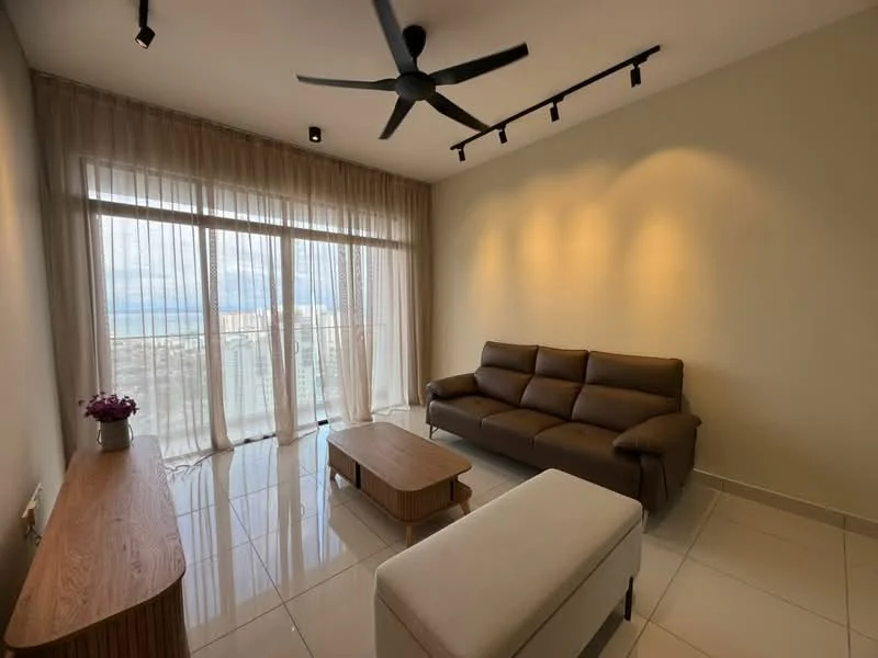 Living features: 3-seater leather sofa in brown, coffee table, ottoman, floor-to-ceiling windows, sheer curtains, recessed LED downlights, 5-blade ceiling fan, glossy tile flooring, decorative wall with soft lighting, city view; style: modern; view: city.