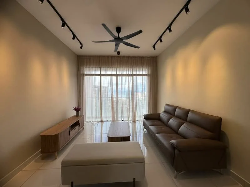 Living features: 3-seater leather sofa in brown, coffee table, TV console, floor-to-ceiling windows, sheer curtains, 5-blade ceiling fan with light, recessed LED downlights, white walls, glossy tile flooring, decorative plant in pot; style: modern; view: city.