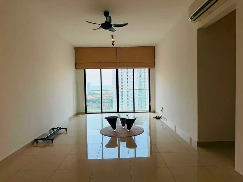 Living features: floor-to-ceiling windows, city view, 5-blade ceiling fan with light, recessed downlights, glossy ceramic tile flooring, roller blinds, neutral painted walls, coffee table, sofa, air conditioning unit; style: modern; view: city.