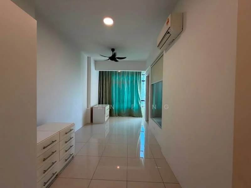 Room features: white painted walls, glossy tile flooring, ceiling fan, wall-mounted split AC, large window with sheer curtains, built-in wardrobe, natural light from window; style: modern; view: city.
