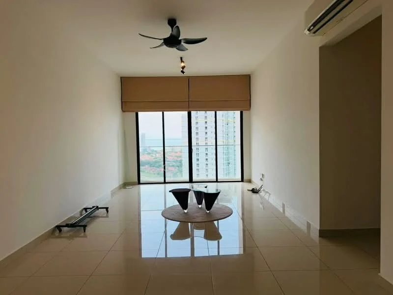 Living features: large floor-to-ceiling windows, city view, white painted walls, glossy ceramic tile flooring, 5-blade ceiling fan with light, recessed downlights, roller blinds, coffee table, sofa, air conditioning unit; style: modern; view: city.