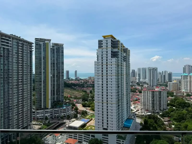 Exterior type: high-rise condominium; features: glass curtain wall, multiple high-rise buildings, city skyline view, surrounded by greenery, sea view in background, rooftop amenities, balconies on upper floors; style: modern.