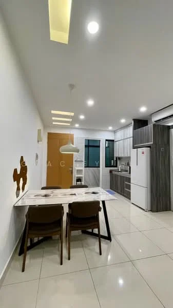 Kitchen features: white painted walls, glossy tile flooring, recessed downlights, kitchen cabinets in grey, white countertop, stainless-steel fridge, built-in oven, 4-burner gas hob, single-bowl stainless-steel sink, chrome pull-down faucet, dining table with 4 chairs, window with city view; style: modern; view: city.