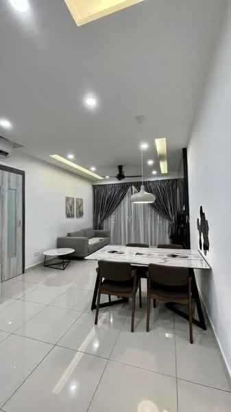 Dining features: white painted walls, recessed ceiling with LED lighting, grey curtains, dining table with 4 chairs, pendant lamp, polished ceramic tile flooring, sofa in grey fabric, coffee table with black metal frame, floor-to-ceiling windows; style: modern.