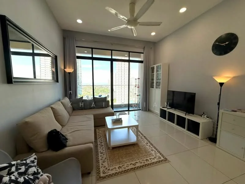 Living features: 3-seater fabric sofa in beige, coffee table, TV console, wall-mounted TV, area rug with geometric pattern, floor-to-ceiling windows, sliding glass door, ceiling fan with light, recessed downlights, decorative mirror, white painted walls, tile flooring; style: modern; view: city.