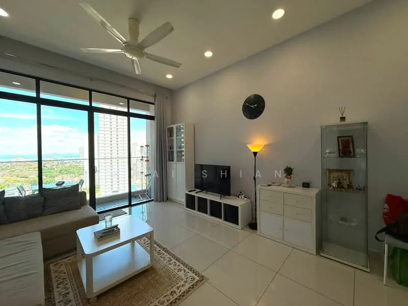 Living features: floor-to-ceiling windows, city view, 3-seater fabric sofa in light grey, coffee table, TV console, wall-mounted TV, area rug with geometric pattern, ceiling fan, decorative wall clock, white painted walls, tile flooring, built-in shelving unit, glass display cabinet; style: modern; view: city.