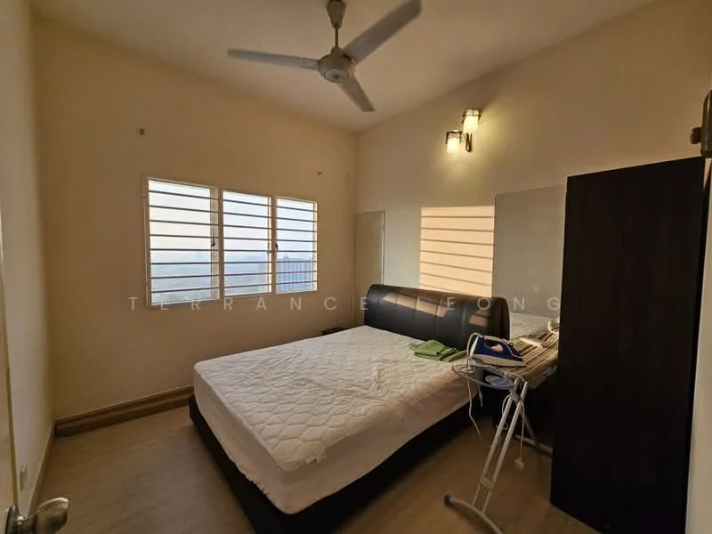 Bedroom features: queen-size bed, upholstered headboard, wooden flooring, 2 windows with horizontal slats, ceiling fan, wall-mounted light fixtures, built-in wardrobe, bedside table, folding chair, blanket on bed; view: city.