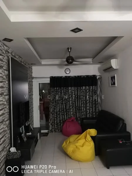 Living features: black leather sofa, yellow bean bag chair, pink bean bag chair, wall-mounted TV, TV console, stone feature wall, white painted walls, recessed ceiling lights, 5-blade ceiling fan, air conditioning unit, black curtains, clock on wall, tile flooring; style: modern.