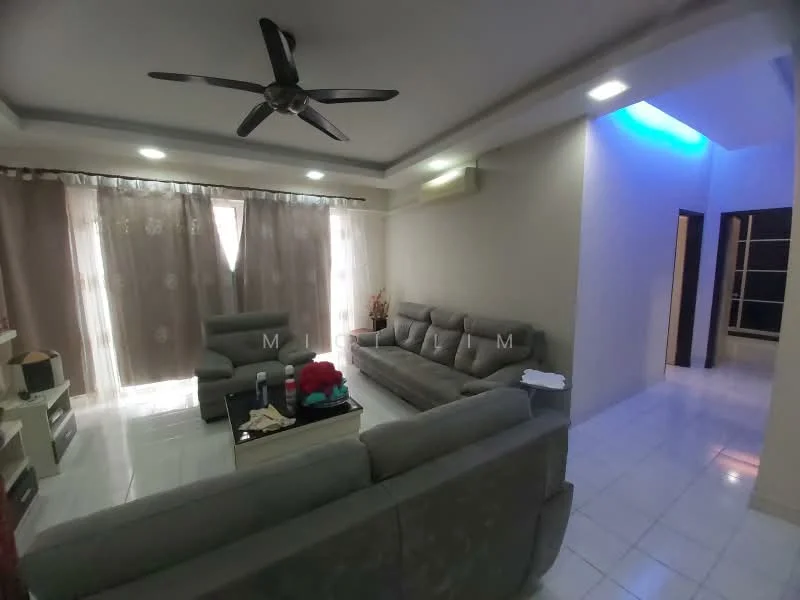 Living features: 5-blade ceiling fan with light, recessed downlights, grey fabric sectional sofa, 2-seater grey fabric sofa, coffee table, white tiled flooring, cream painted walls, curtains with floral pattern, air conditioning unit, decorative wall with indirect lighting; style: modern. Room features: white tiled flooring, cream painted walls, doorway leading to another room.