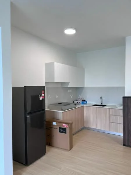 Kitchen features: black fridge, stainless-steel sink, chrome pull-down faucet, white cabinetry with flat-panel design, wooden countertop, ceramic tile backsplash, built-in stove, ventilation hood, laminate flooring, recessed downlights; style: modern.