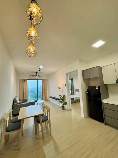 Dining features: 4-seater dining table, wooden dining chairs, pendant lighting with wire cage design, floor-to-ceiling windows, sliding glass door, light-colored walls, laminate flooring, ceiling fan, decorative plant in pot; style: modern; view: garden. Living features: 2-seater fabric sofa in grey, coffee table, TV console, wall-mounted TV, area rug, light-colored walls, laminate flooring; style: modern; view: garden. Kitchen features: stainless-steel fridge, built-in oven, ceramic cooktop, white cabinetry, grey lower cabinets, quartz countertop, single-bowl stainless-steel sink, chrome pull-down faucet; style: modern.
