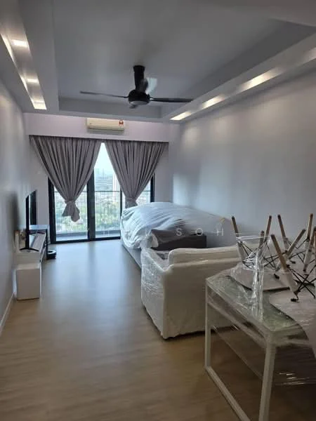 Room features: light wood flooring, white painted walls, ceiling fan, floor-to-ceiling windows, sheer curtains, blackout curtains, TV console, sofa, dining table, decorative tableware; style: modern; view: city.