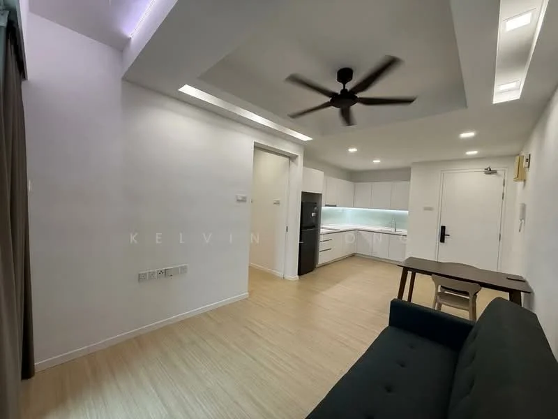 Living features: light wood flooring, white painted walls, recessed downlights, 5-blade ceiling fan, sofa in dark green, dining table, kitchen with white cabinetry, black refrigerator, open layout to kitchen; style: modern.