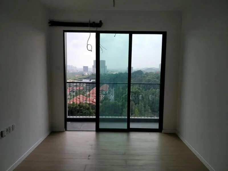 Room features: floor-to-ceiling sliding glass door, wooden flooring, white painted walls, balcony view of city skyline, exposed ceiling with wiring, natural light from large window; style: modern; view: city.