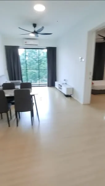 Living features: light wood flooring, white painted walls, 5-blade ceiling fan with light, floor-to-ceiling windows, blackout curtains, dining table for six, grey upholstered dining chairs, TV console, wall-mounted TV, sofa, decorative plants; style: modern; view: garden.