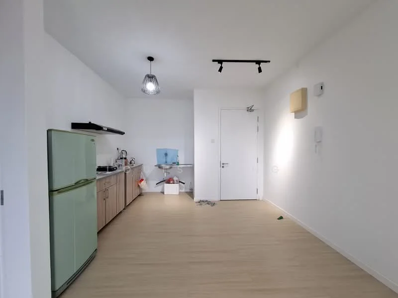 Kitchen features: green fridge, built-in oven, 4-burner gas hob, stainless-steel sink, wood cabinetry, white walls, track lighting, vinyl plank flooring; style: modern.