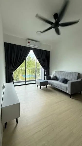 Living features: grey fabric sofa, small accent chair, white console table, 5-blade ceiling fan, floor-to-ceiling windows, blackout curtains, wooden flooring, air conditioning unit; style: modern; view: garden.