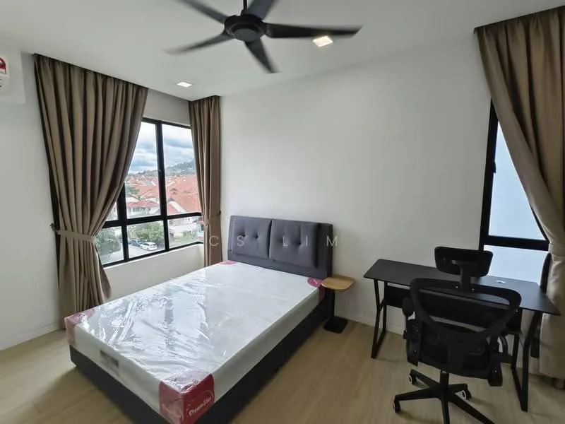 Bedroom features: queen-size bed with mattress protector, upholstered headboard, wooden bedside table, study desk with chair, floor-to-ceiling windows, curtains, light-colored walls, laminate flooring, ceiling fan with light, air conditioning unit; style: modern; view: city.