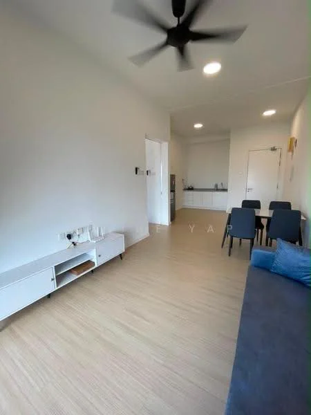 Living features: light wood laminate flooring, white painted walls, 5-blade ceiling fan, wall-mounted TV, white TV console, blue fabric sofa, 4-seater dining table with black chairs, recessed ceiling lights, open layout to kitchen, doorway to kitchen area; style: modern.