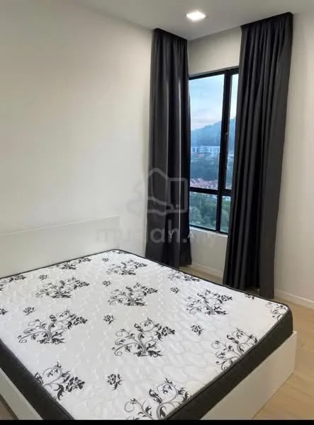Bedroom features: queen-size bed, white mattress with floral pattern, light wood flooring, floor-to-ceiling window, blackout curtains, white painted walls, recessed downlights; style: modern; view: mountain.