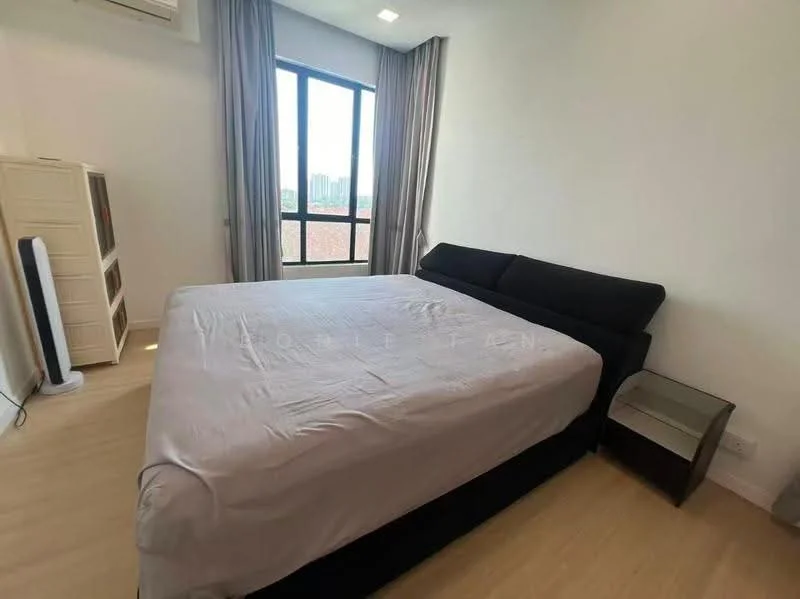 Bedroom features: king-size bed, upholstered headboard, bedside table, floor-to-ceiling window, curtains, light-colored walls, laminate flooring, air conditioning unit; style: modern; view: city.
