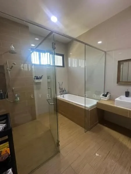 Bathroom features: walk-in shower with glass enclosure, bathtub, single-sink vanity with wood cabinet, chrome basin mixer faucet, framed mirror, tile cladding on walls, wooden cabinetry, recessed downlights, ceramic tile flooring, towel rack; style: modern.