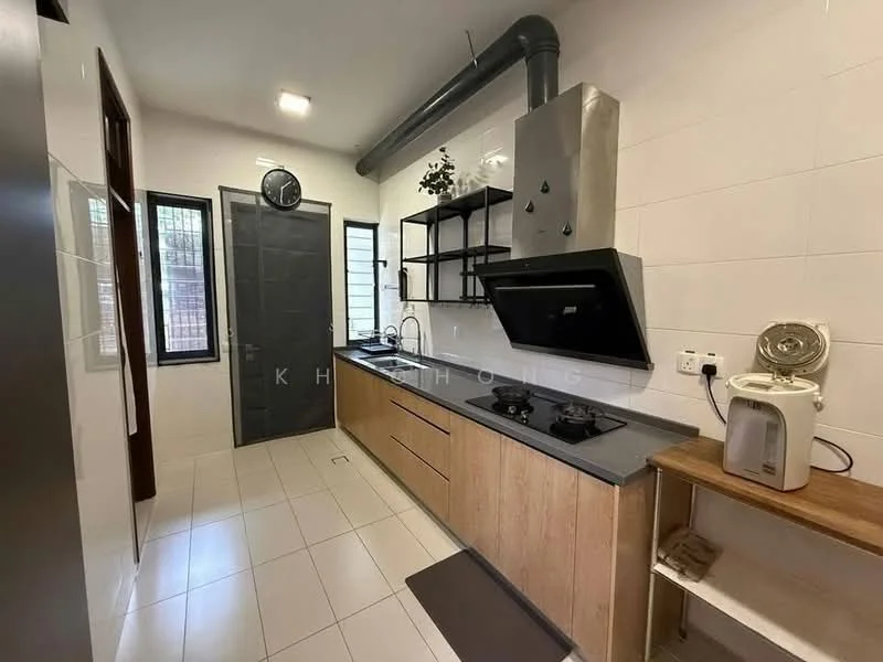Kitchen features: stainless-steel sink, chrome pull-down faucet, 2-burner gas hob, exhaust hood, wood cabinetry, white tiled backsplash, white tiled walls, ceramic tile flooring, window with black frame, clock on wall, built-in shelving, microwave, wood countertop; style: modern.