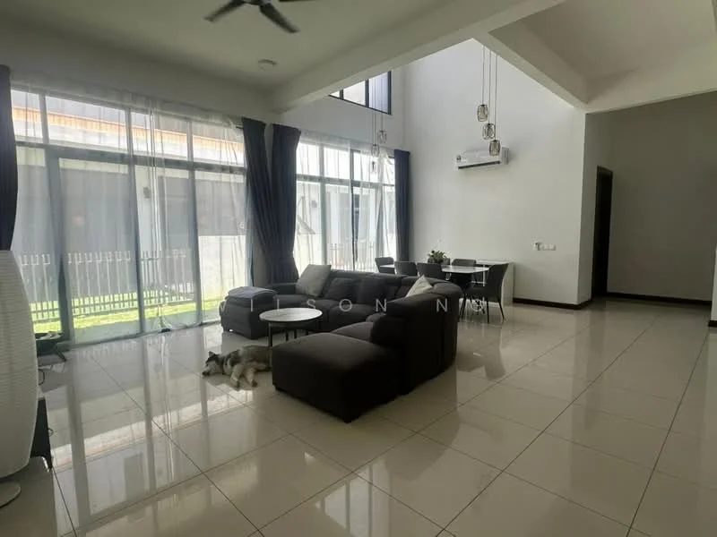 Living features: large floor-to-ceiling windows, grey fabric sectional sofa, white coffee table, marble tile flooring, recessed downlights, ceiling fan, decorative pendant lights, curtains in dark grey, open layout to dining area, dog lying on the floor; style: modern; view: garden. Dining features: 6-seater dining table, black dining chairs, open layout to living area; style: modern; view: garden.