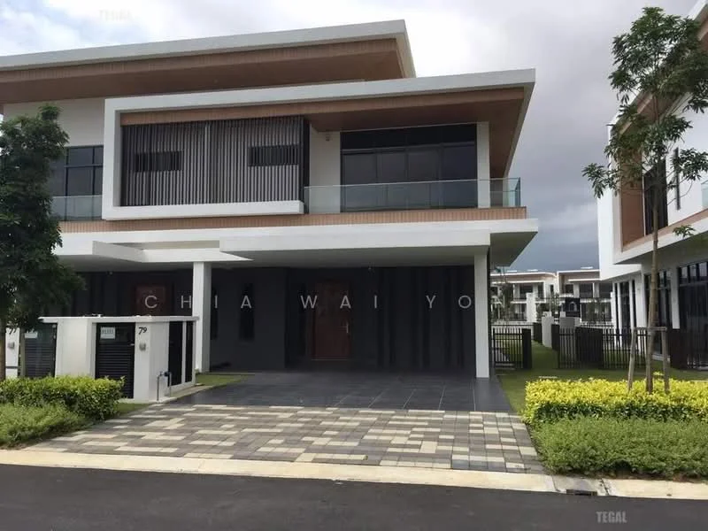 Exterior type: detached bungalow; features: white painted facade, wooden paneling on upper level, large glass windows, covered porch, paved driveway, manicured lawn, landscaped garden, fence surrounding property, two-storey structure, modern architectural design; style: modern.