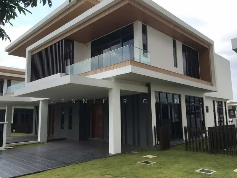 Exterior type: detached bungalow; features: white painted facade, wooden accents, flat roof, large glass windows, balcony with glass railing, manicured lawn, stone-paved walkway, fenced yard, double-door main entrance, modern architectural design; style: modern.