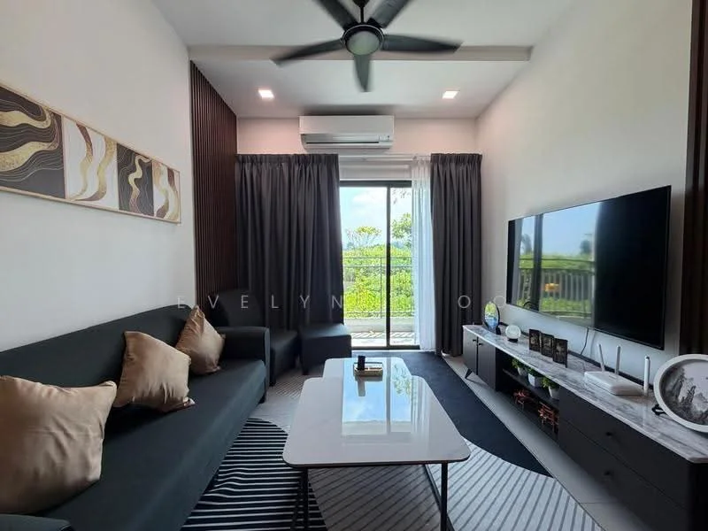 Living features: 3-seater fabric sofa in dark grey, 2-seater fabric sofa in dark grey, coffee table with white top, wall-mounted TV, TV console in white, ceiling fan with 5 blades, floor-to-ceiling sliding glass door, blackout curtains, decorative wall art, area rug with geometric pattern, air conditioning unit, greenery view from window; style: modern; view: garden.