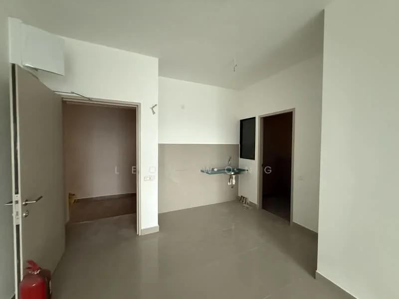Room features: white painted walls, grey tiled flooring, single-bowl stainless-steel sink, wall-mounted faucet, flat-panel cabinetry, window, door, fire extinguisher, light fixture; style: modern.
