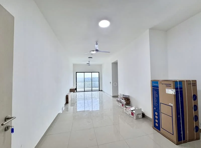 Room features: white painted walls, glossy tile flooring, 2 ceiling fans, large glass sliding door, floor-to-ceiling windows, mountain view, unfurnished space, boxes and packing materials; style: modern; view: mountain.