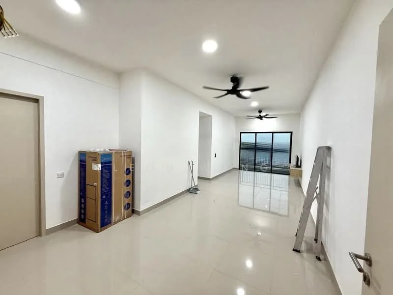 Living features: white painted walls, polished ceramic tile flooring, recessed LED downlights, 2 ceiling fans, floor-to-ceiling windows, sliding glass door, view of the sea, empty space for furniture, mop and cleaning supplies visible, cardboard boxes, ladder, TV console space; style: modern; view: sea.