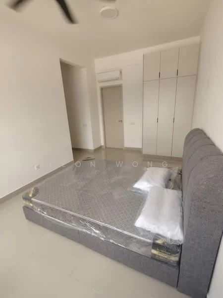 Bedroom features: queen-size bed, upholstered headboard, two pillows, built-in wardrobe with sliding doors, light-colored walls, neutral tile flooring, ceiling fan, window with no visible treatment; style: modern.