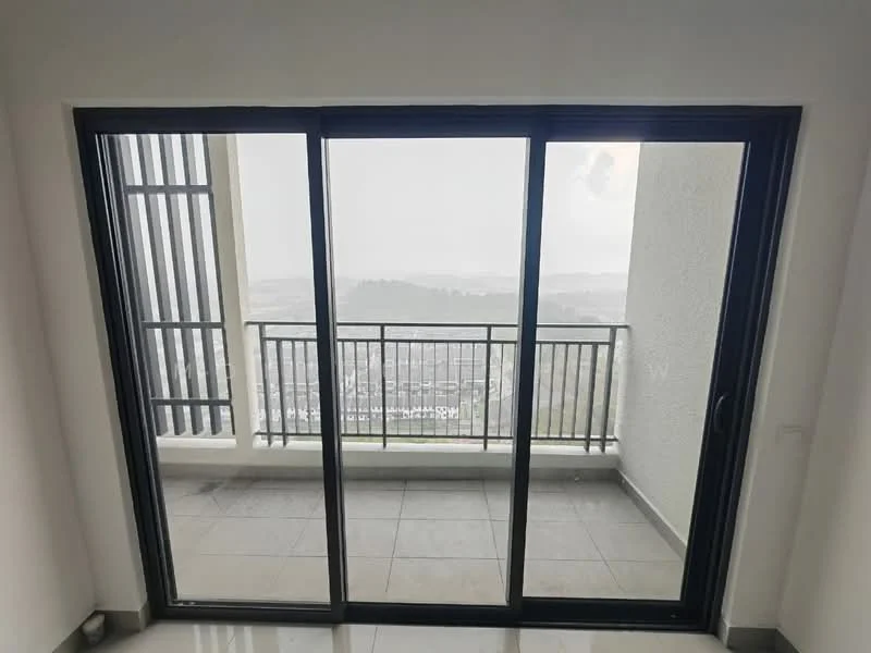 Room features: sliding glass door, floor-to-ceiling windows, grey tiled flooring, balcony railing, city view, white painted walls; view: city.