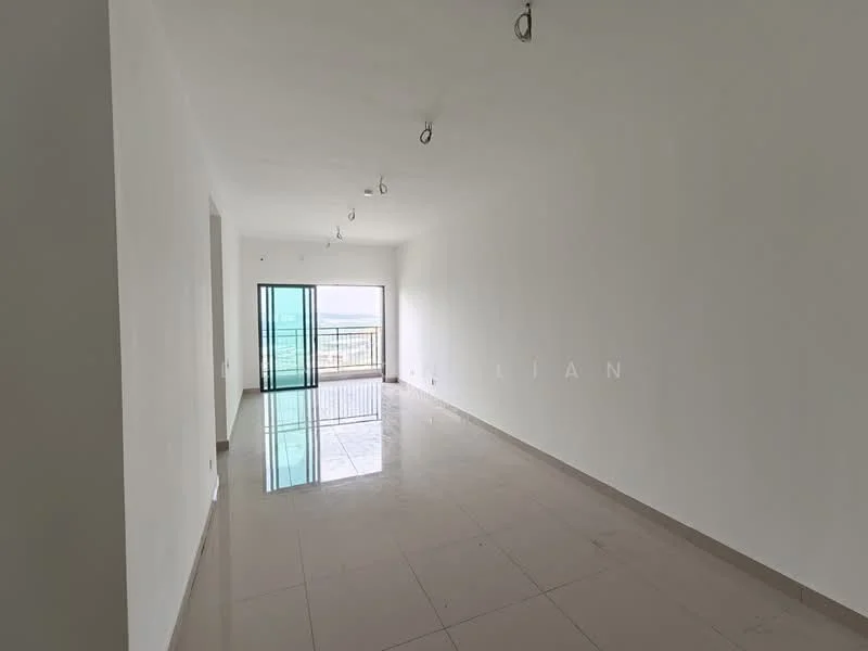 Living features: white painted walls, polished ceramic tile flooring, floor-to-ceiling windows, sliding glass door, recessed downlights, open layout, balcony access, city view; style: modern; view: city.