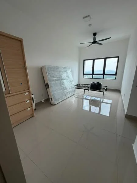 Bedroom features: white painted walls, sliding glass door, floor-to-ceiling windows, 5-blade ceiling fan, tile flooring, queen-size bed, mattress, metal bed frame, coffee table, view of mountains; style: modern; view: mountain.