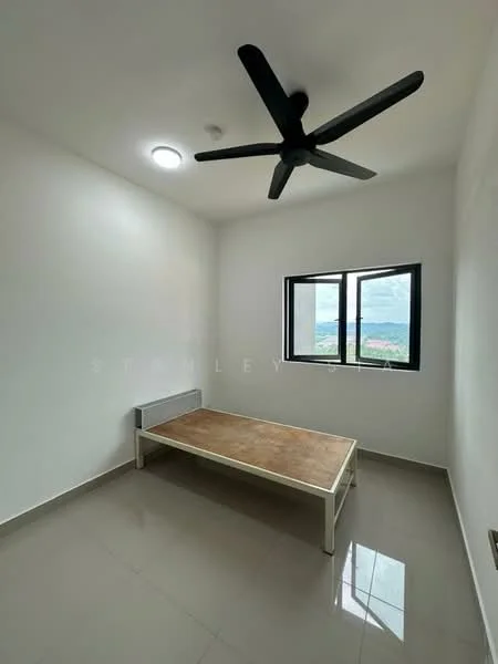 Bedroom features: white painted walls, grey tiled flooring, 5-blade ceiling fan with light, single window with black frame, unfurnished, mounting for air conditioning unit; style: modern; view: mountain.